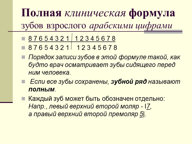 Полная клиническая формула зубов взрослого арабскими цифрами 8 7 6 5 4 3 2